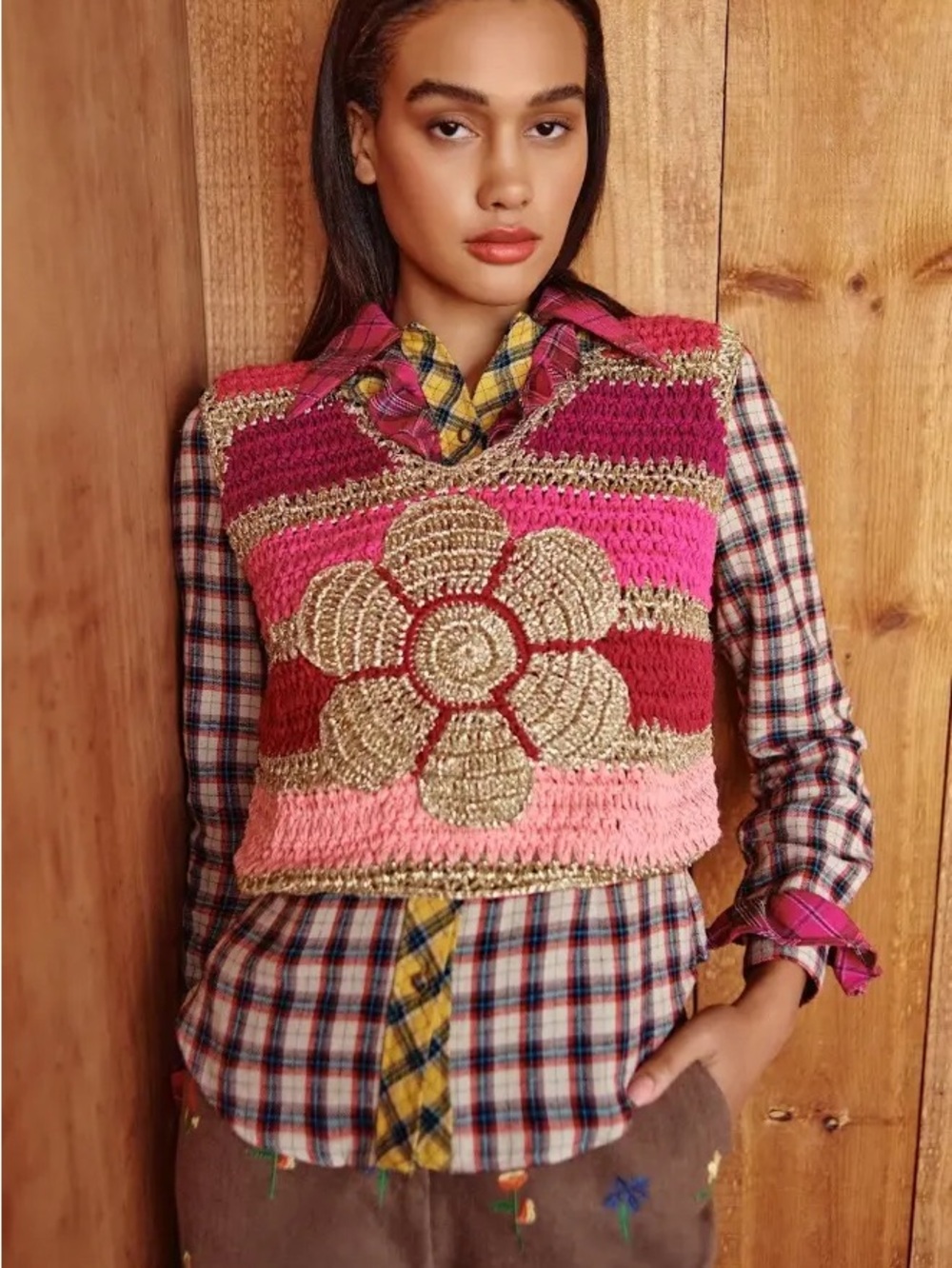 CeliaB Pink, Hot Pink, Red & Gold Crocheted Flower Knit Vest